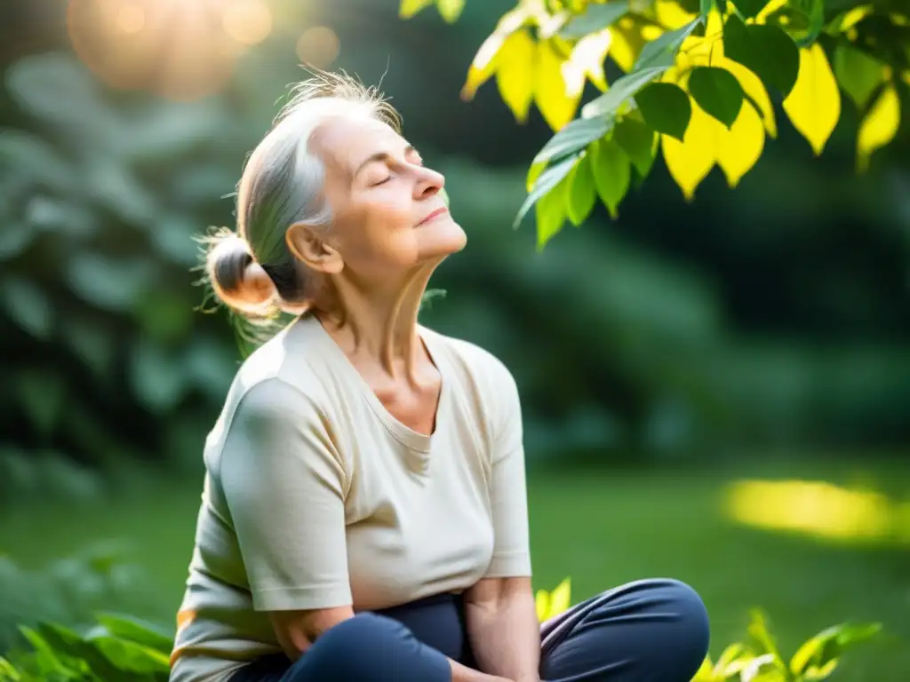 'Persona mayor practicando respiración para independencia en vejez en un jardín tranquilo, con luz solar filtrándose entre las hojas'