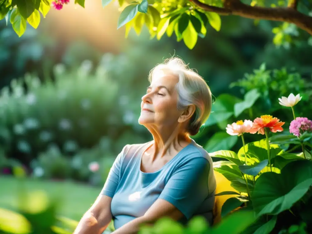 Persona mayor practicando respiración profunda en un jardín tranquilo, rodeada de flores vibrantes y verdor exuberante, transmitiendo serenidad y relajación