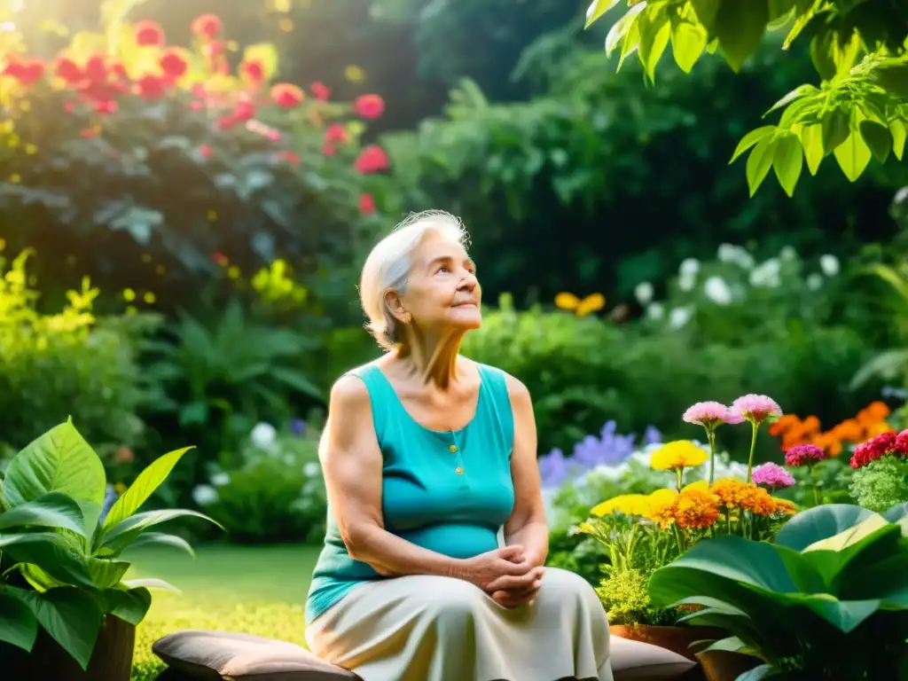 Persona mayor practicando respiración profunda en jardín tranquilo, rodeada de flores vibrantes y naturaleza exuberante, combatiendo ansiedad y depresión senil