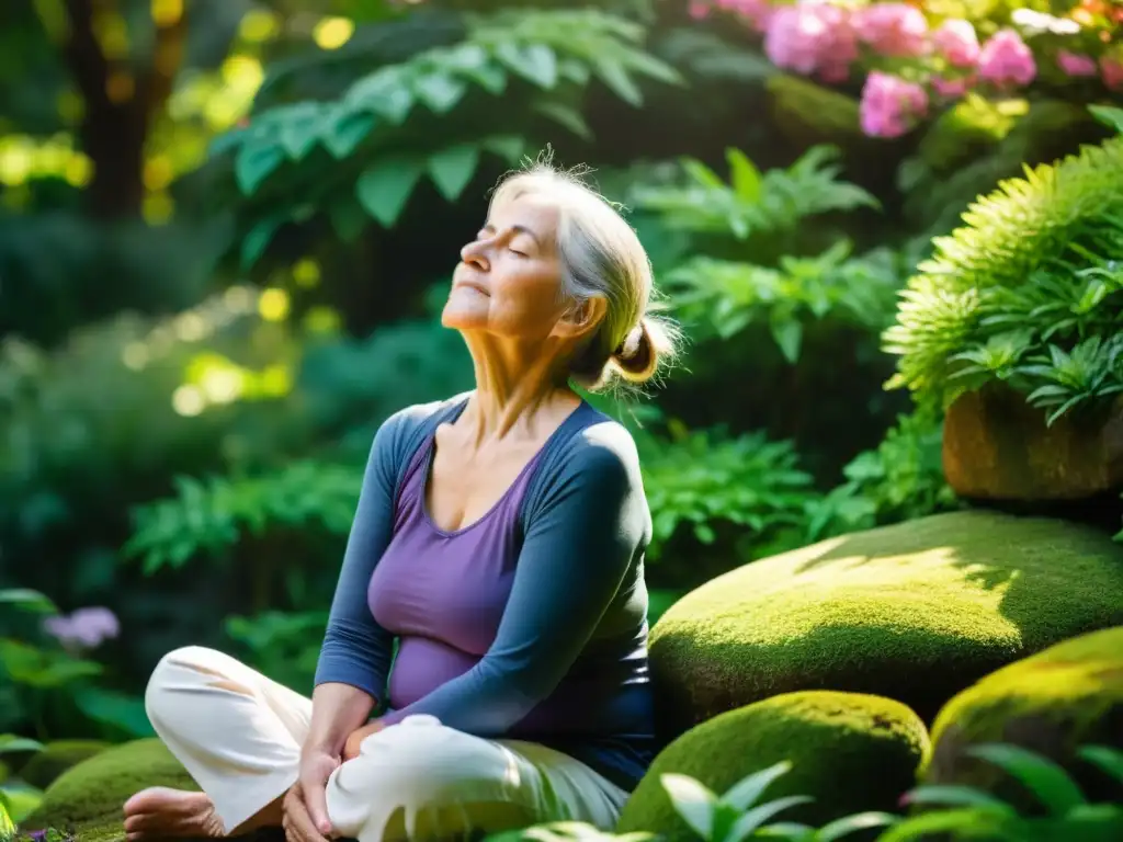 Una persona mayor practica una respiración profunda en un jardín sereno, rodeada de naturaleza exuberante