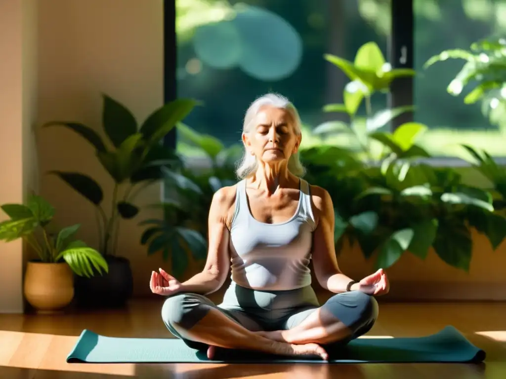 Persona mayor en meditación, rodeada de vegetación, practicando control del aliento para apnea del sueño en un ambiente sereno y luminoso