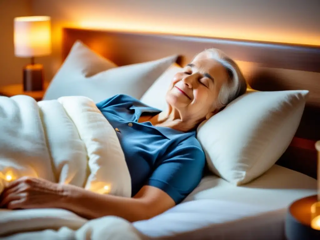 Una persona mayor serena duerme plácidamente en una cama confortable, rodeada de suaves almohadas y mantas, con una sonrisa tranquila