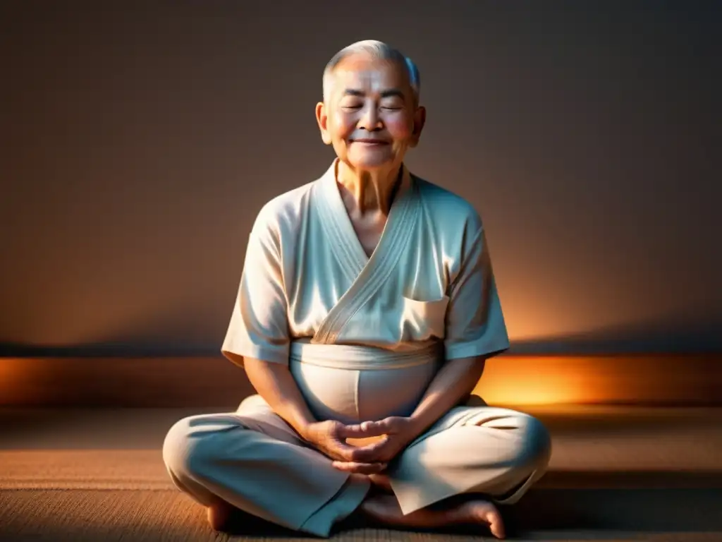 Persona mayor serena practicando control del aliento para apnea del sueño en meditación, rodeada de luz suave, expresando calma y tranquilidad