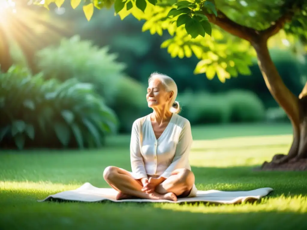 Persona mayor practicando técnicas de respiración para rejuvenecer en jardín sereno entre vegetación exuberante y luz dorada