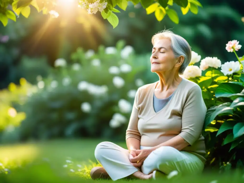 Una persona mayor practica técnicas de respiración para EPOC en un jardín tranquilo, rodeada de flores y verdor exuberante