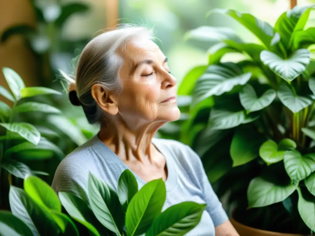 Persona mayor practica técnicas de respiración para EPOC en habitación luminosa rodeada de plantas verdes, creando atmósfera serena y calmada