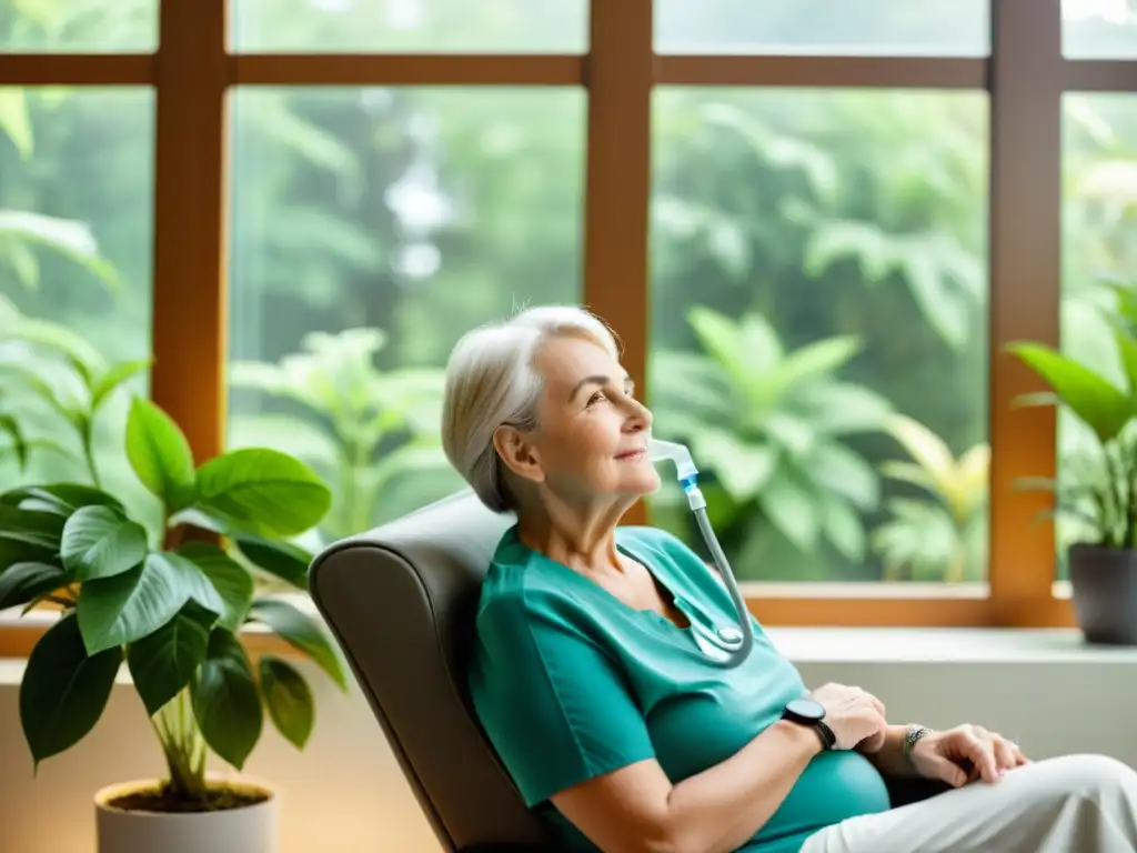 Persona mayor sonriendo durante terapia respiratoria, rodeada de plantas