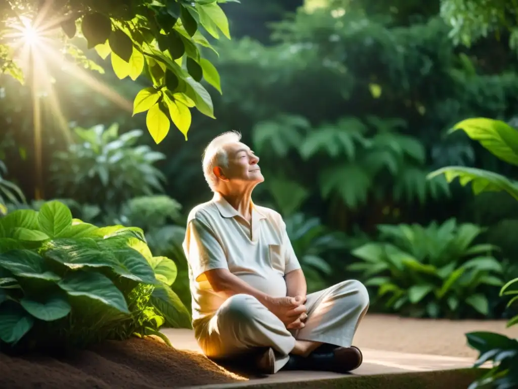 Una persona mayor respira profundamente en un jardín tranquilo, rodeada de vegetación exuberante y luz suave