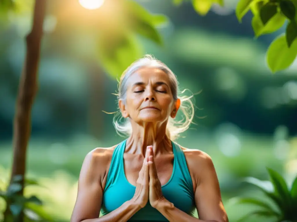 Persona mayor practicando yoga al aire libre, enfocada en la importancia de la capacidad respiratoria para la calidad de vida en la vejez