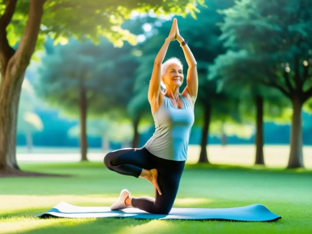 'Persona mayor haciendo yoga en el parque, transmitiendo vitalidad y confianza