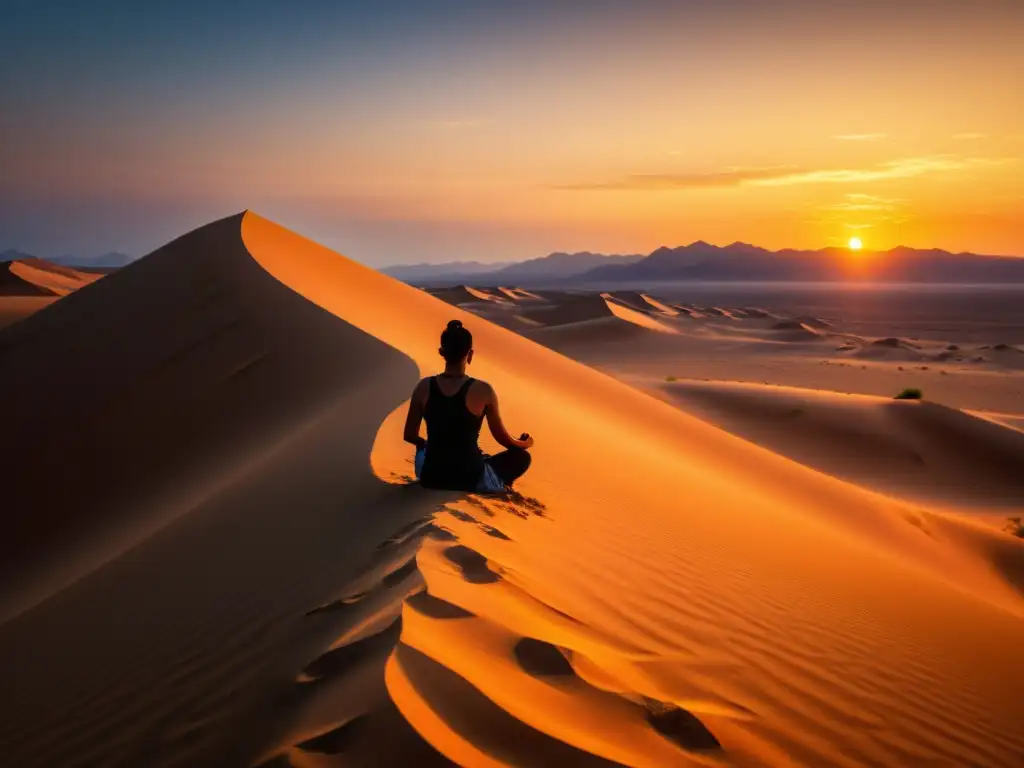 Persona en meditación consciente al atardecer en el desierto en Sufismo