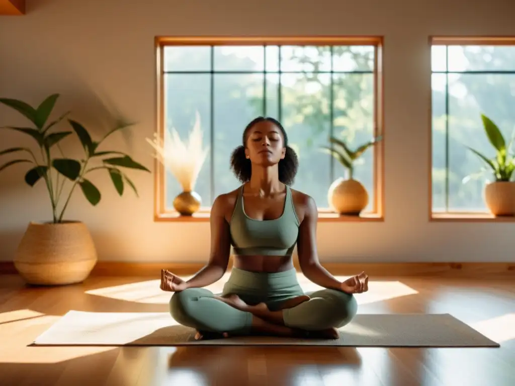 Persona en meditación nasal, reflejando calma y paz en una habitación serena con decoración minimalista y tonos cálidos