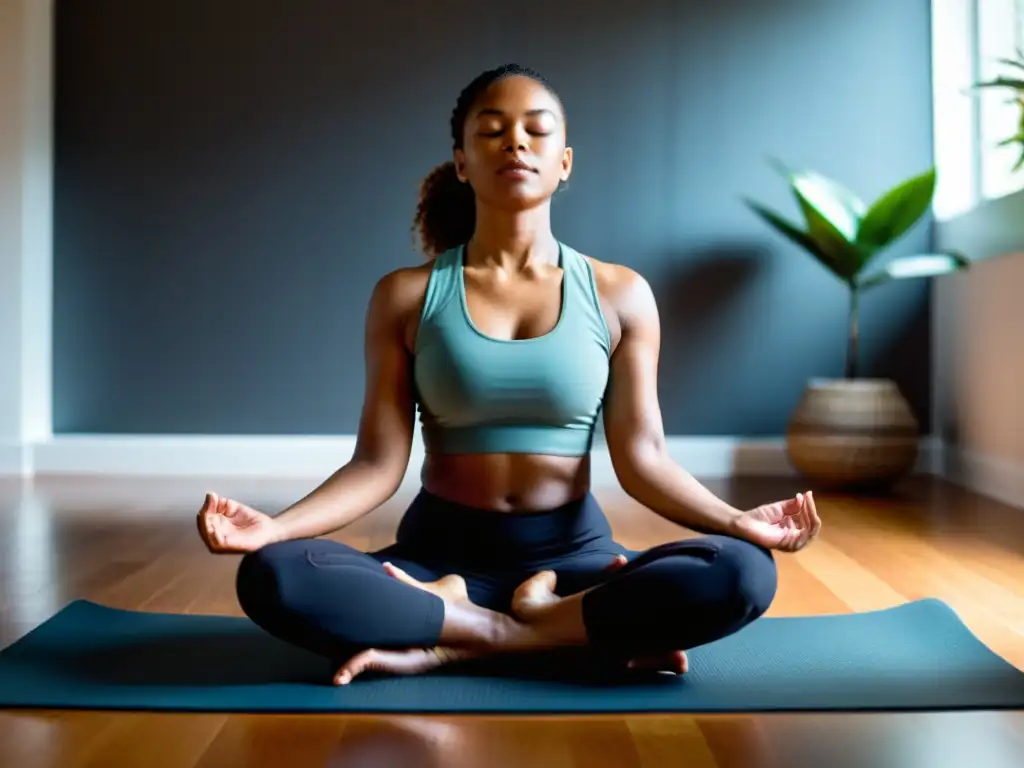 Persona en meditación profunda, practicando respiración consciente en una habitación iluminada