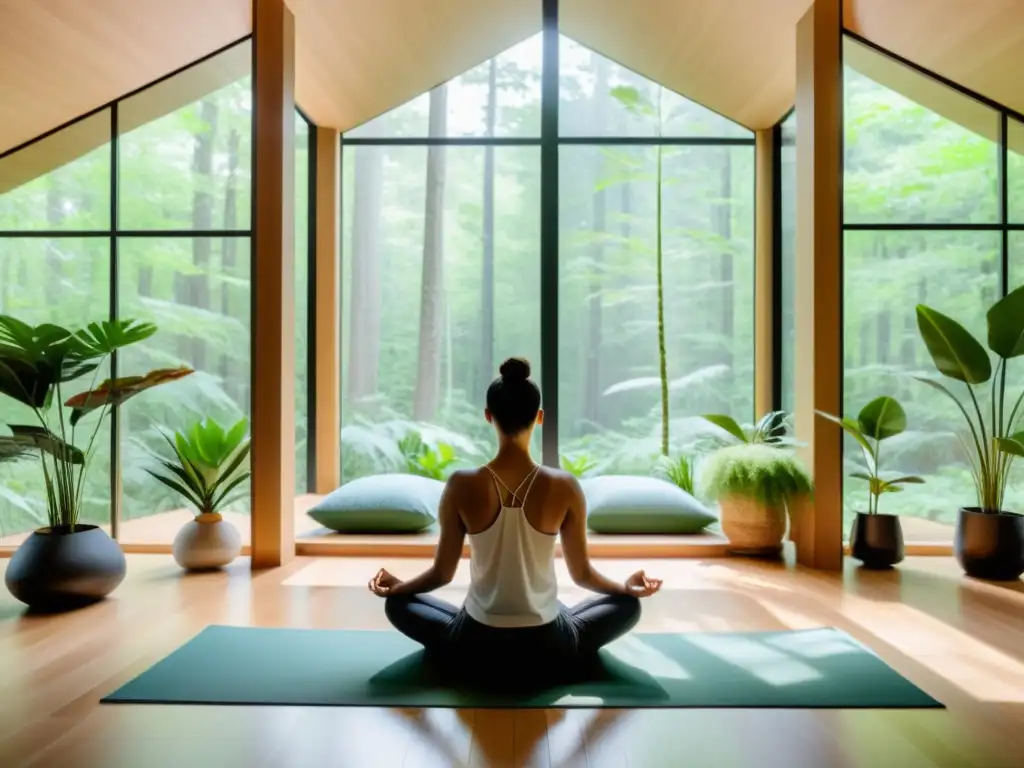 Persona en meditación profunda en una sala moderna con vista al bosque