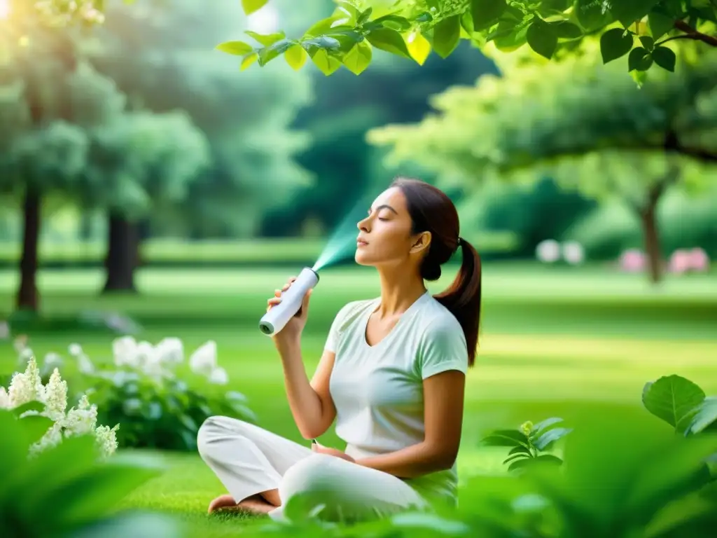 Persona mejora respiración con espriometría en un parque tranquilo y verde, rodeada de naturaleza exuberante