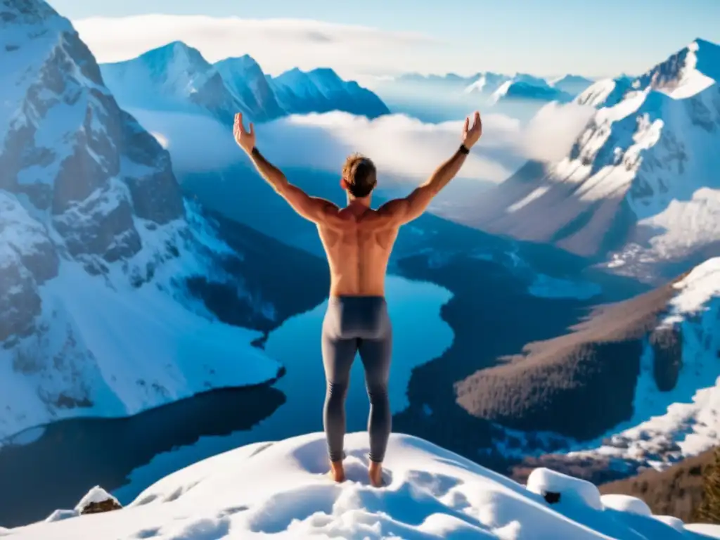 Persona practicando el método Wim Hof ciencia, en la cima nevada, en profunda concentración y armonía con la naturaleza