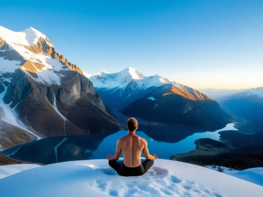 Persona practicando el método Wim Hof ciencia en la naturaleza, rodeada de montañas nevadas y cielo azul, respirando profundamente en meditación