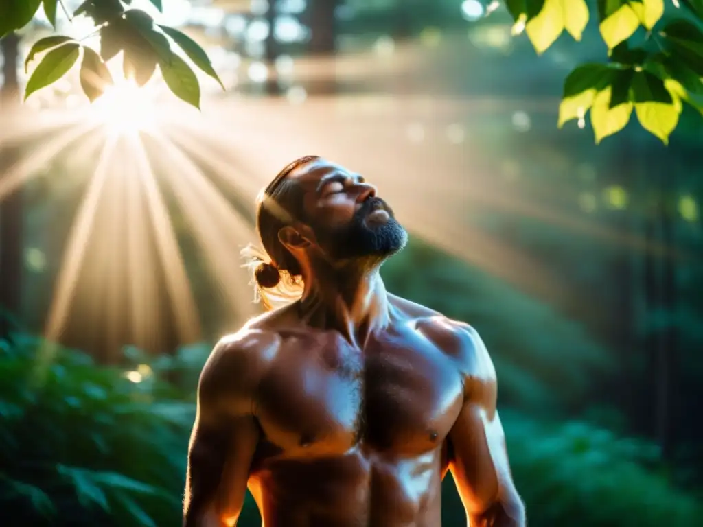 Persona practicando el Método Wim Hof en la naturaleza, respirando profundamente bajo la luz del sol, transmitiendo calma y fortaleza interior