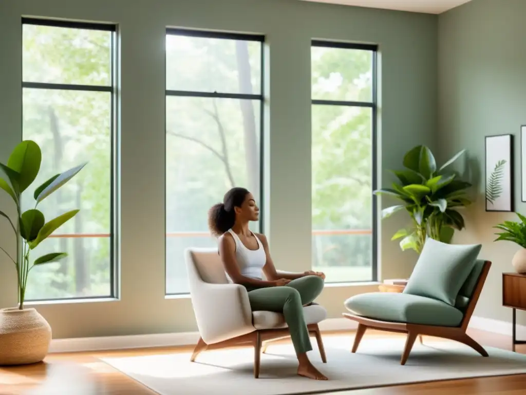 Persona practicando mindful breathing en moderna sala de estar con luz natural