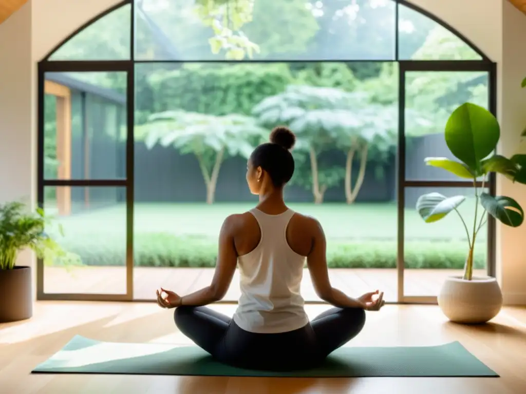 Persona practicando mindfulness en sala luminosa con vista al jardín