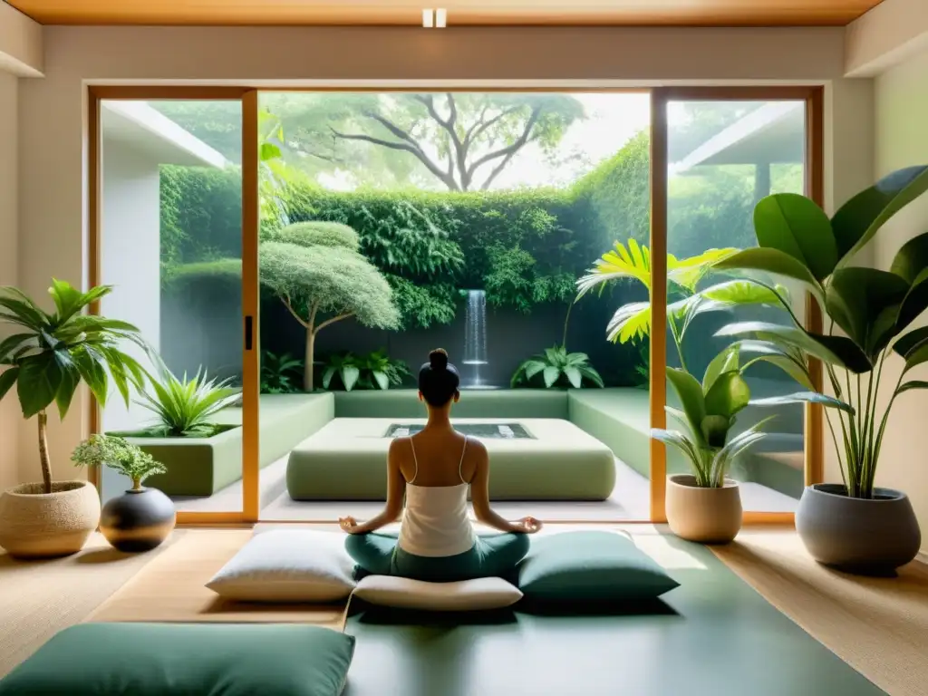 Persona en meditación, luz natural, decoración minimalista y jardín