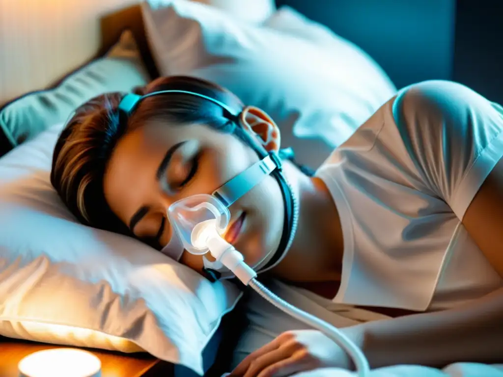 Una persona duerme con una moderna máscara CPAP en un ambiente tranquilo y reconfortante, evocando 'Tratamiento respiración apnea sueño'