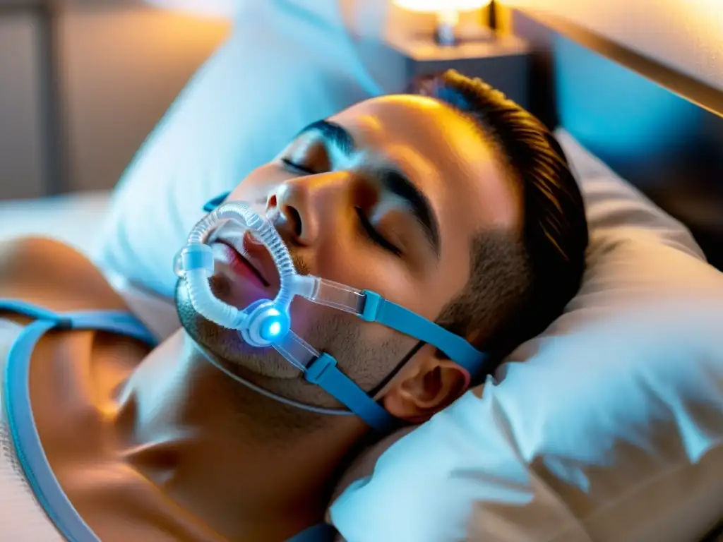 Una persona duerme tranquilamente con una moderna máscara CPAP, mostrando la importancia del tratamiento respiración apnea sueño