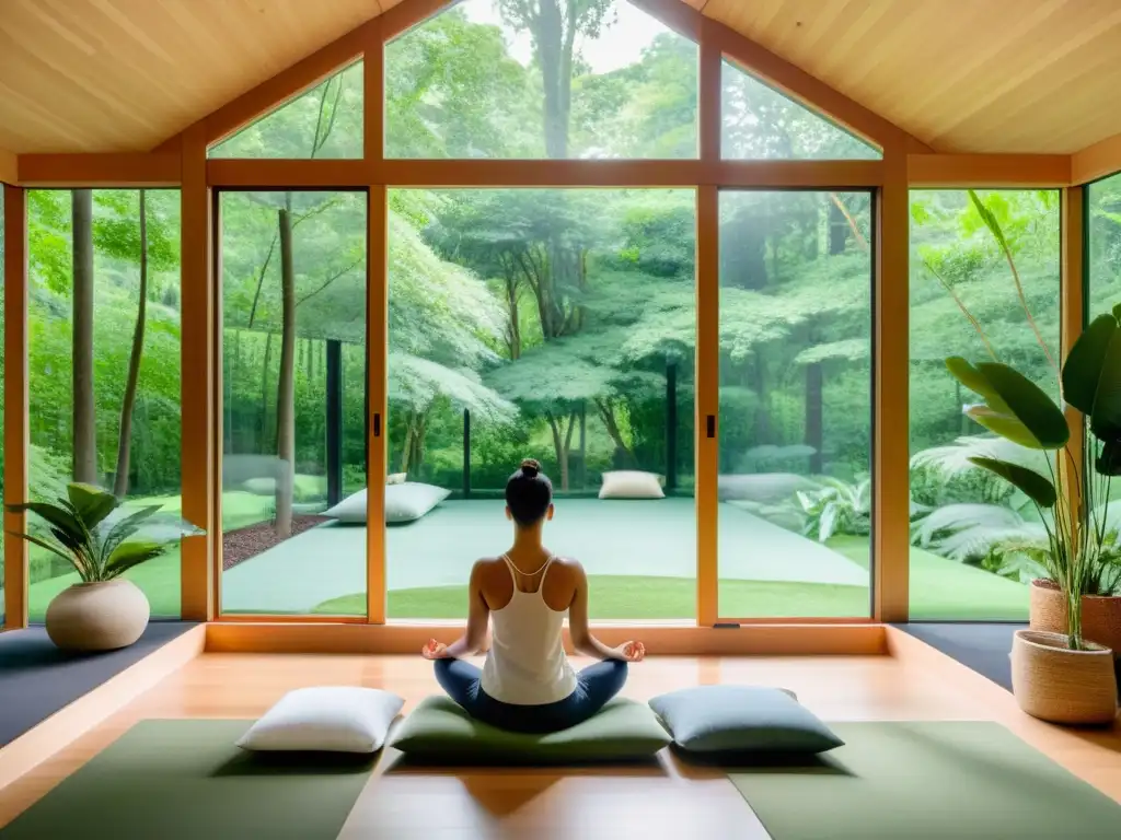 Persona meditando en un moderno cuarto con vista a un bosque, creando conexión entre meditación, respiración, cuerpo y mente