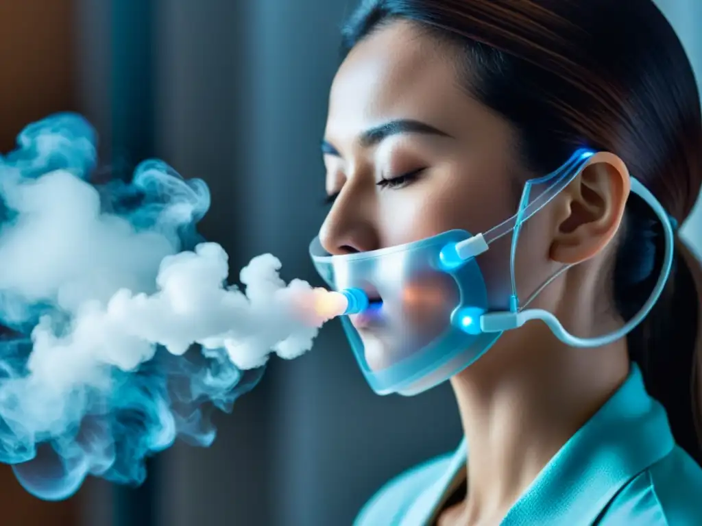 Una persona utiliza un moderno dispositivo de terapia de inhalación para enfermedades pulmonares, en un entorno clínico avanzado