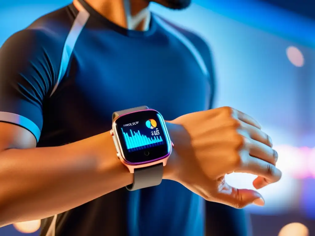 Dispositivo de actividad física con datos respiratorios en tiempo real Persona usando un moderno dispositivo wearable para monitorear respiración durante actividad física en un entorno futurista y minimalista