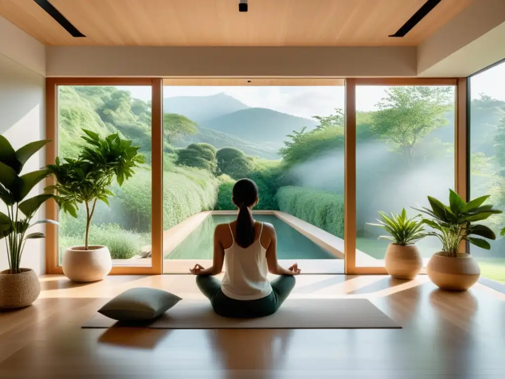 Persona meditando en moderno espacio minimalista con vista panorámica, rodeada de serenidad y plantas