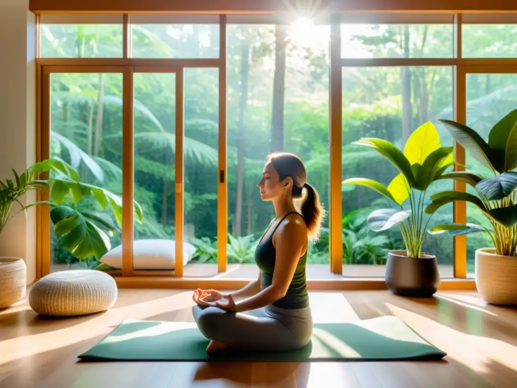 Persona meditando en moderno salón con vista a bosque