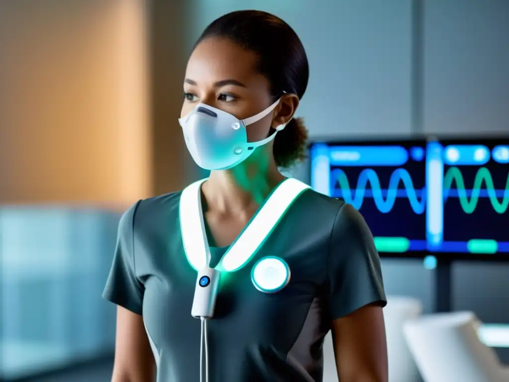 Una persona usa un monitor respiratorio integrado en su ropa mientras discute tecnología wearable con un profesional médico en un entorno futurista