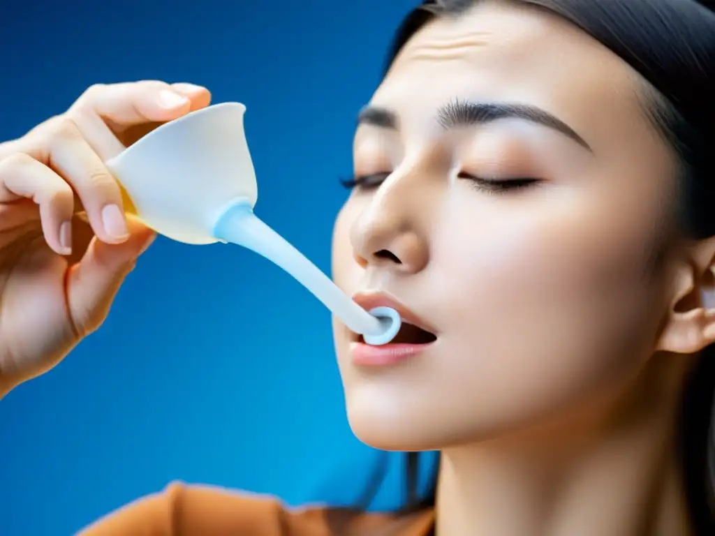 Persona practicando irrigación nasal con neti pot para aliviar sinusitis crónica en una imagen serena y tranquilizadora