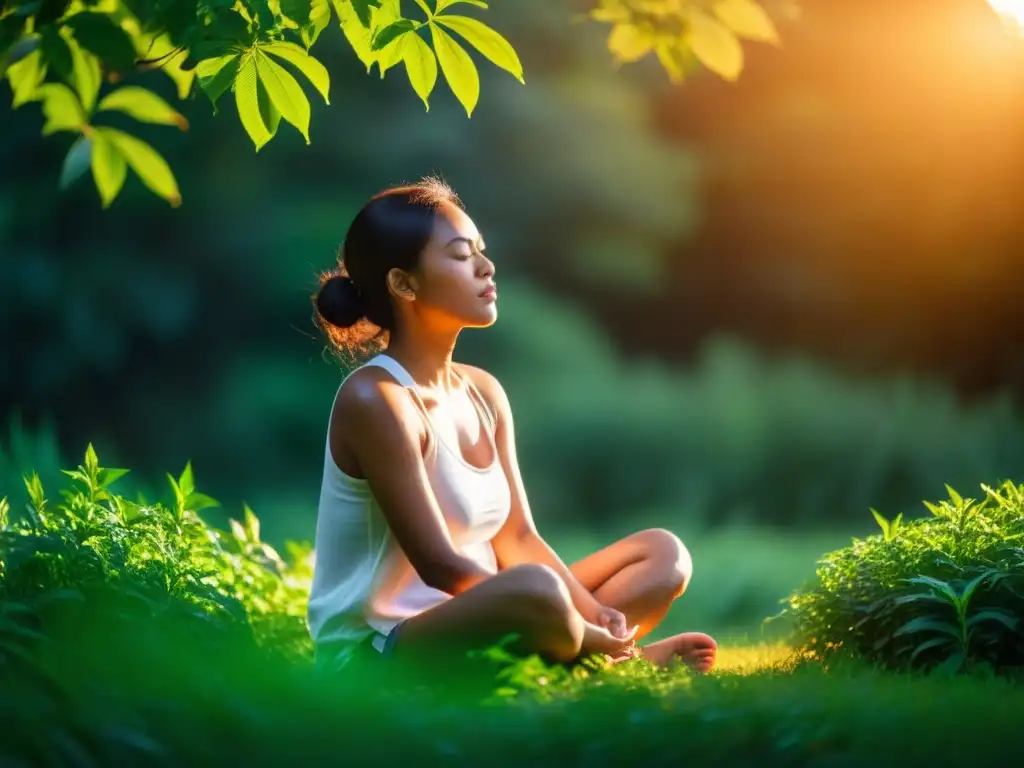 Persona meditando en la naturaleza al atardecer, transmitiendo calma y serenidad