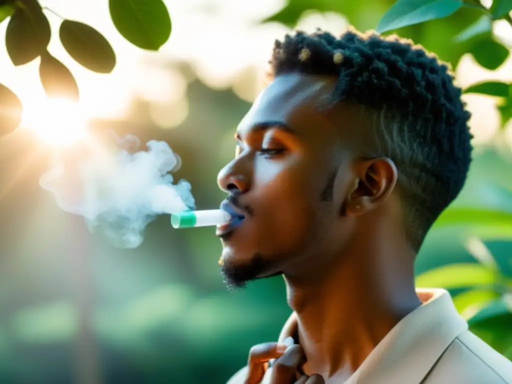 Persona disfruta de la naturaleza usando inhalador herbal para mejor respiración, rodeada de tranquilidad y luz solar entre los árboles