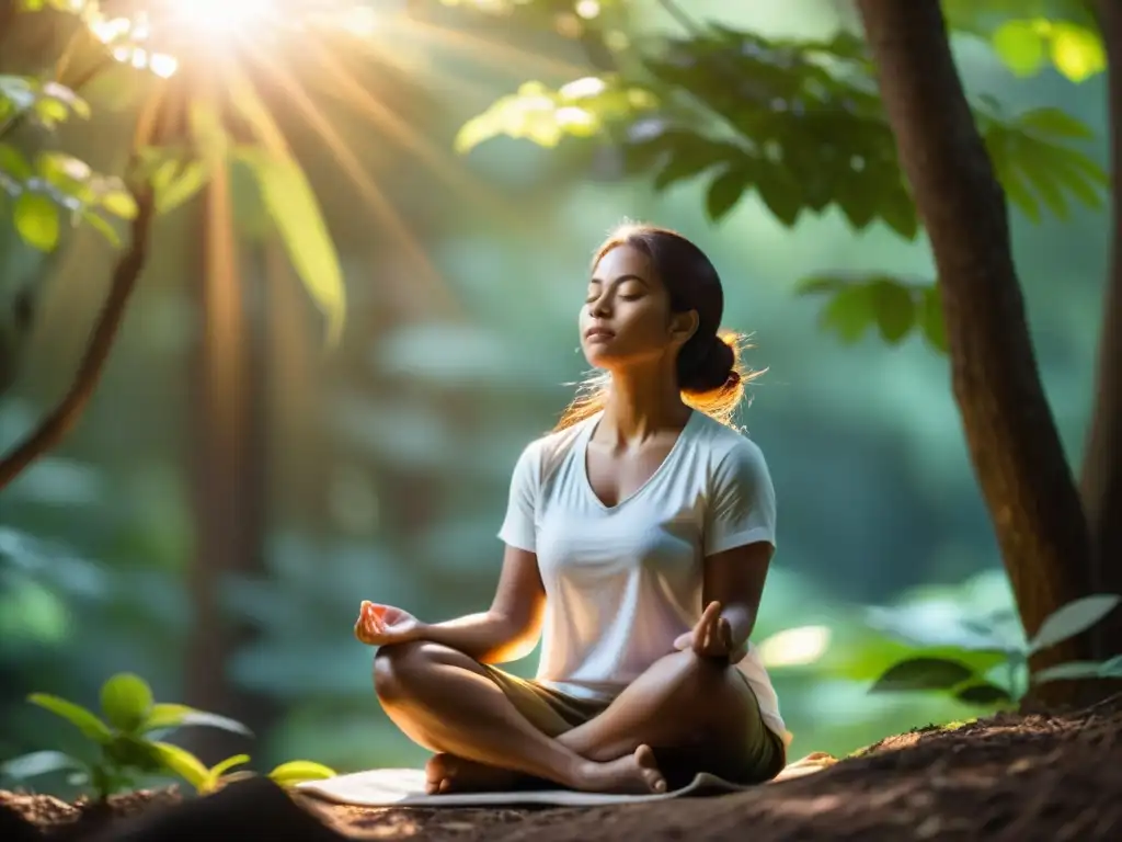 Persona meditando en la naturaleza, con luz filtrándose entre los árboles