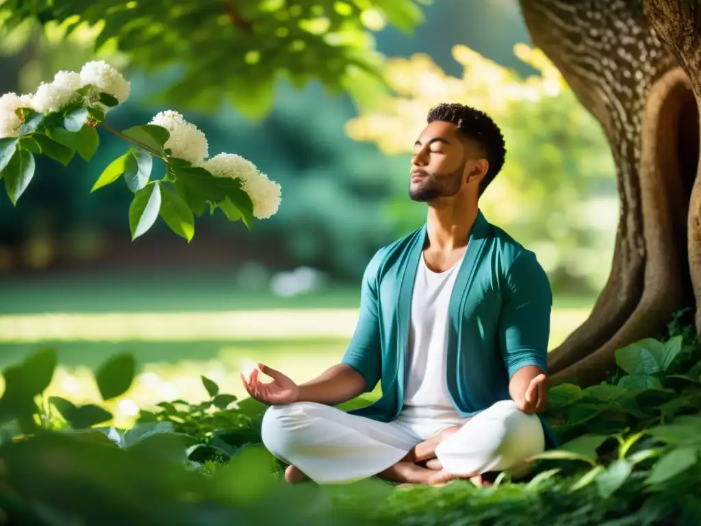 Persona meditando en la naturaleza con luz filtrada entre las hojas