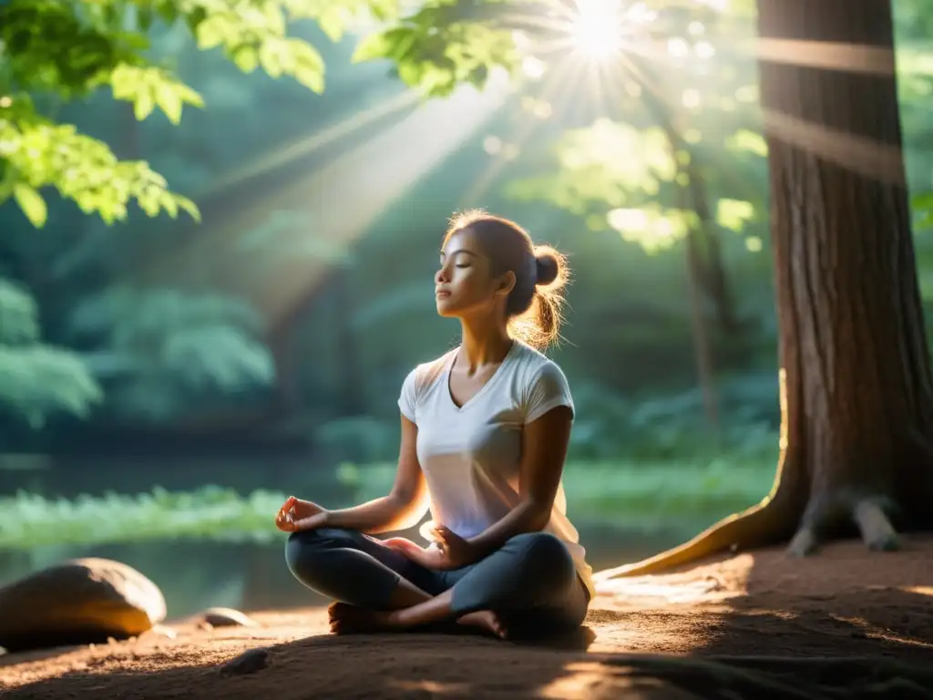 Persona meditando en la naturaleza, practicando la meditación guiada respiración profunda para encontrar paz interior