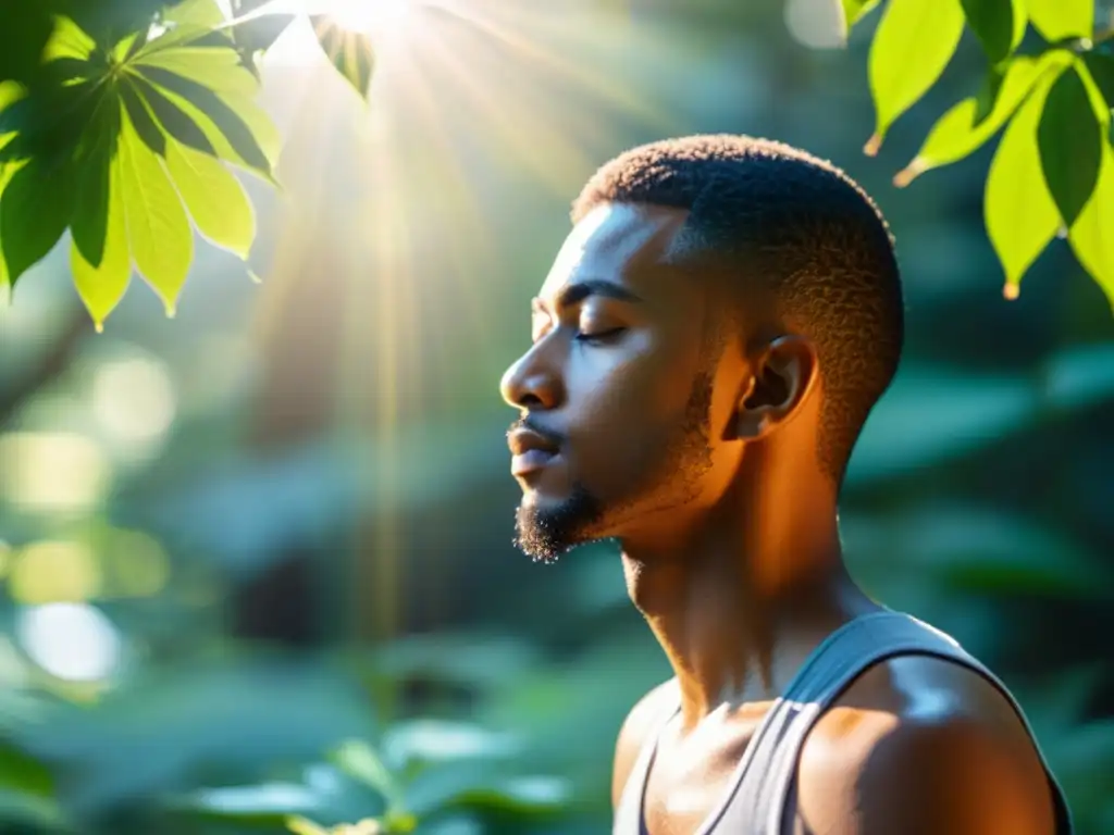 Persona meditando en la naturaleza, practicando respiración consciente