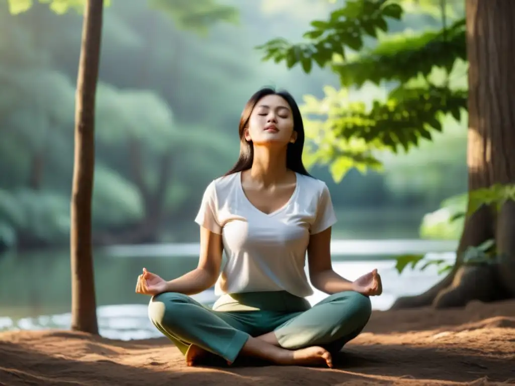 Persona meditando en la naturaleza, respiración rítmica para regular emociones