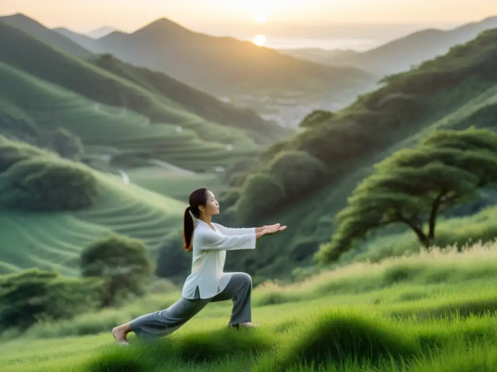 Una persona practica Qi Gong en la naturaleza, con técnicas de respiración Qi Gong, transmitiendo calma y equilibrio