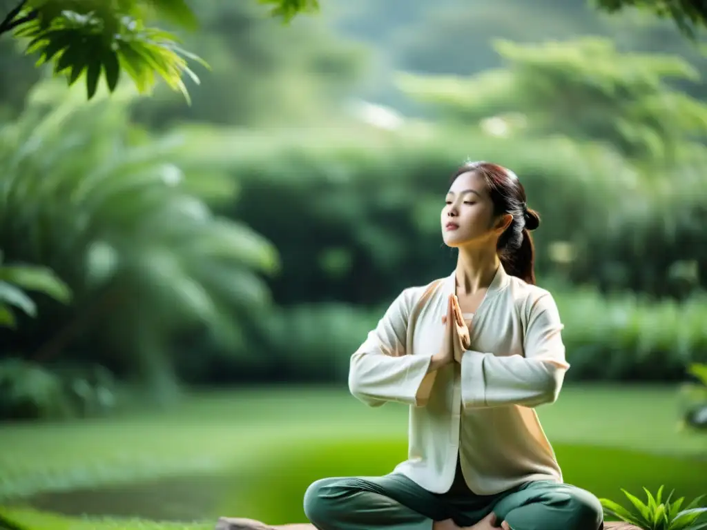 Persona practicando Qi Gong en la naturaleza, transmitiendo tranquilidad y paz interior con técnicas de respiración Qi Gong