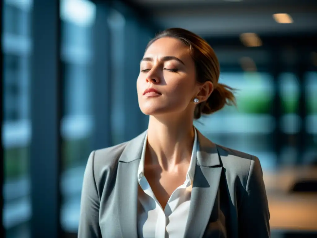 Persona de negocios serena tomando una respiración profunda en la oficina moderna