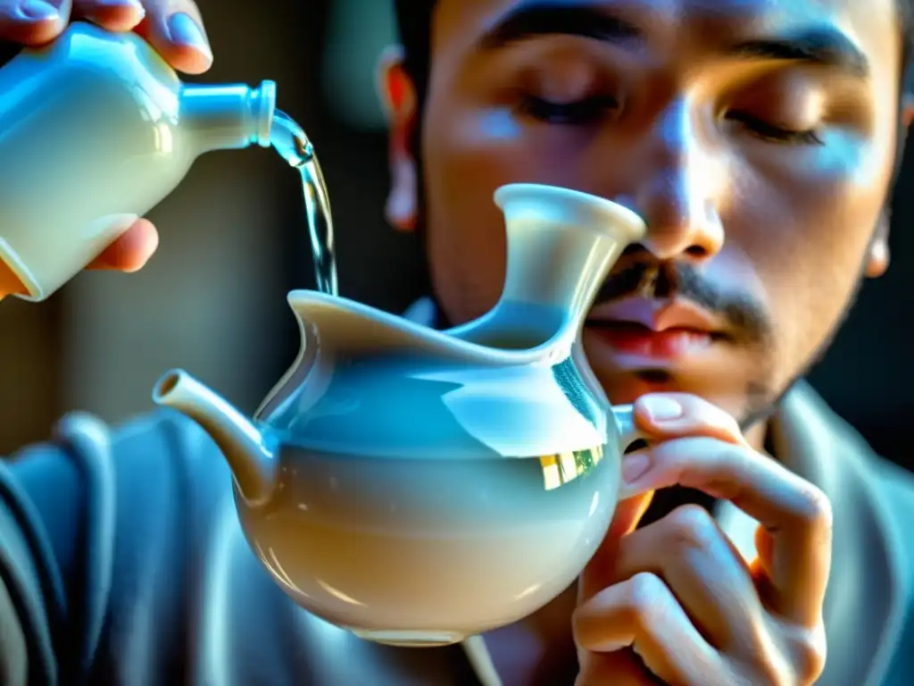 Una persona utiliza un neti pot para controlar la respiración y reducir la rinitis alérgica, en una atmósfera cálida y serena