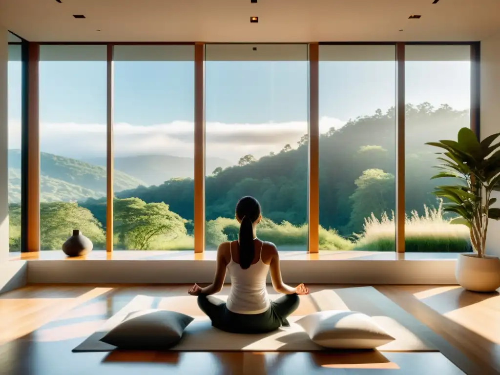 Persona meditando en una oficina moderna con vista a la naturaleza, respiración y meditación para decisiones estratégicas