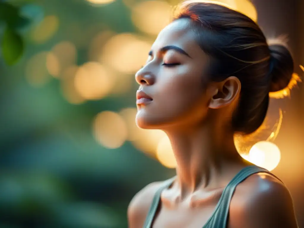 Una persona respira profundamente con los ojos cerrados, transmitiendo calma y serenidad