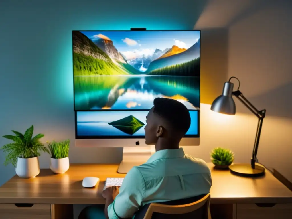 Una persona se relaja frente a la pantalla, disfrutando de un entorno tranquilo y natural para mejorar captación de aire con pantalla