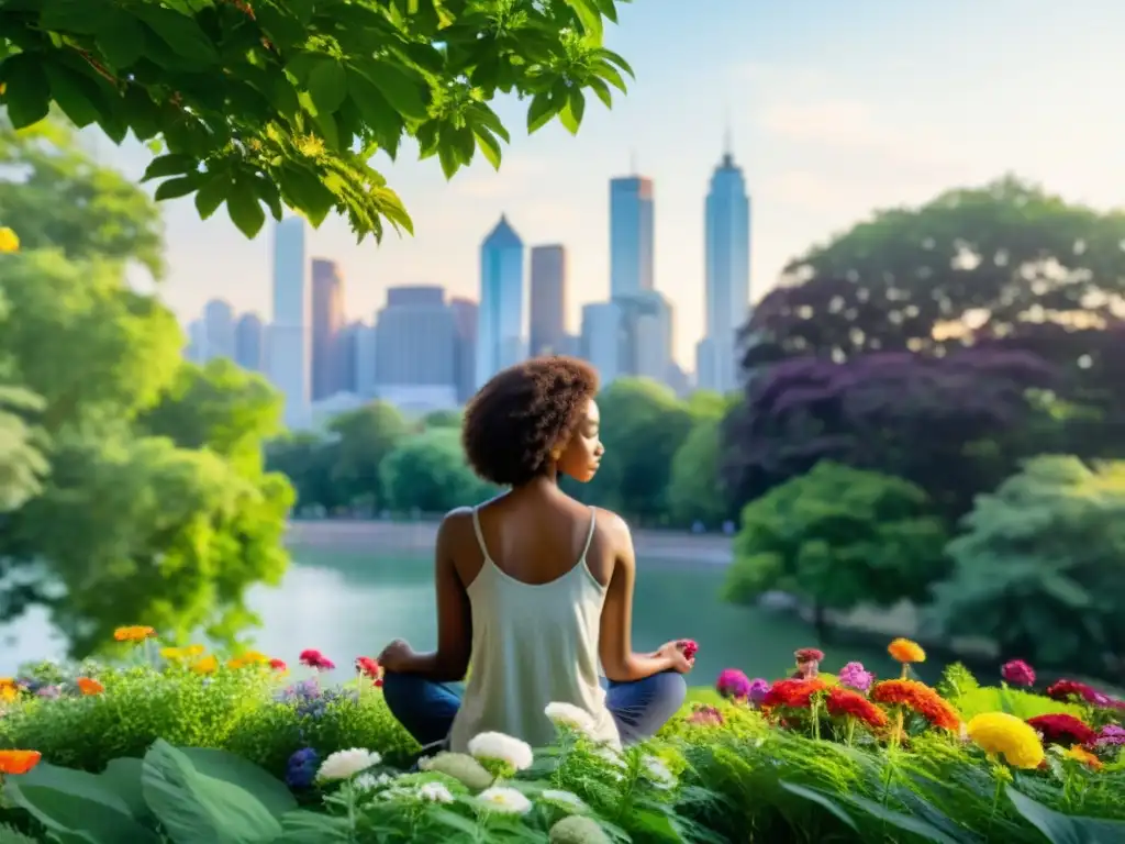 Persona meditando en un parque verde, respirando profundamente