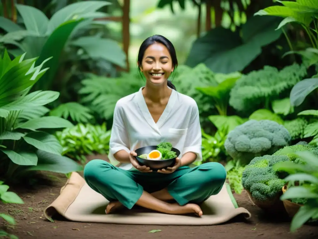 Una persona en paz y armonía, rodeada de vegetación exuberante, disfrutando de una comida nutritiva